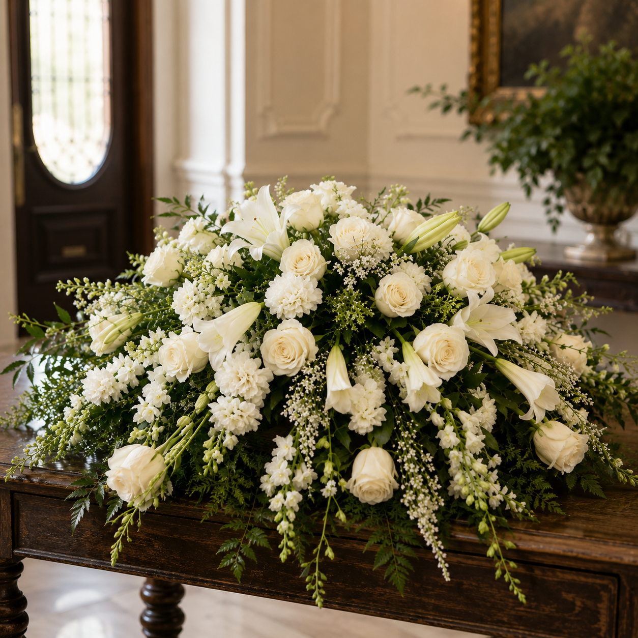 Classic White Casket Cover – Petal Passion, Ammon ID