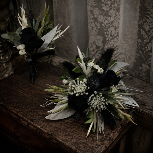 Freeze Dried Black Rose Wrist Corsage AND matching Boutonniere  –  Petal Passion, Ammon ID