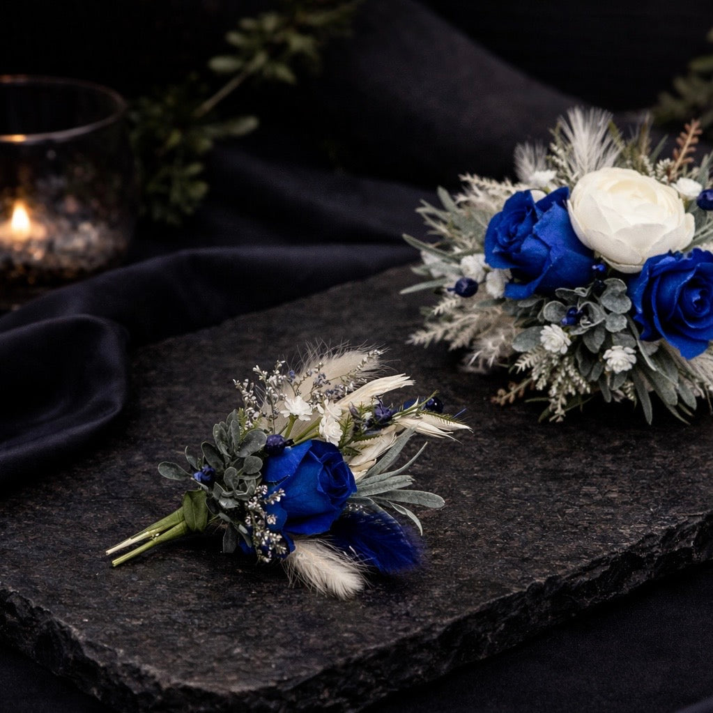 Navy Blue Freeze Dried Corsage and Boutonnière