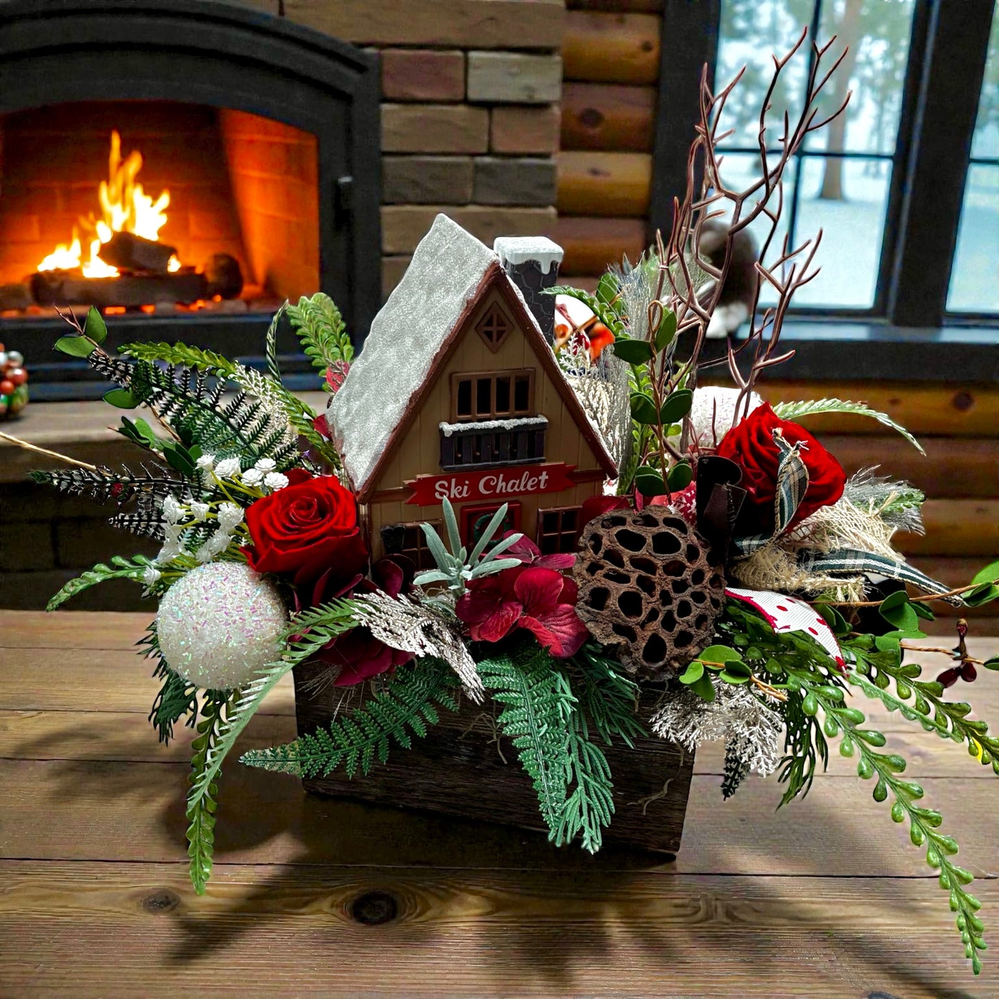 Artificial Ski Chalet Centerpiece