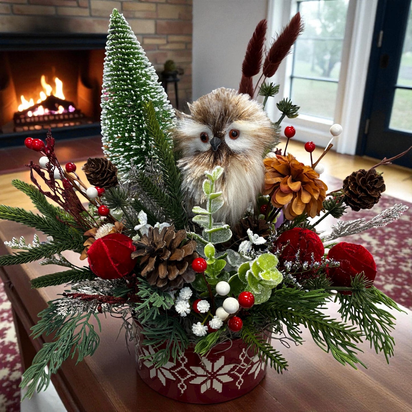 Artificial Woodland Winter Owl Centerpiece